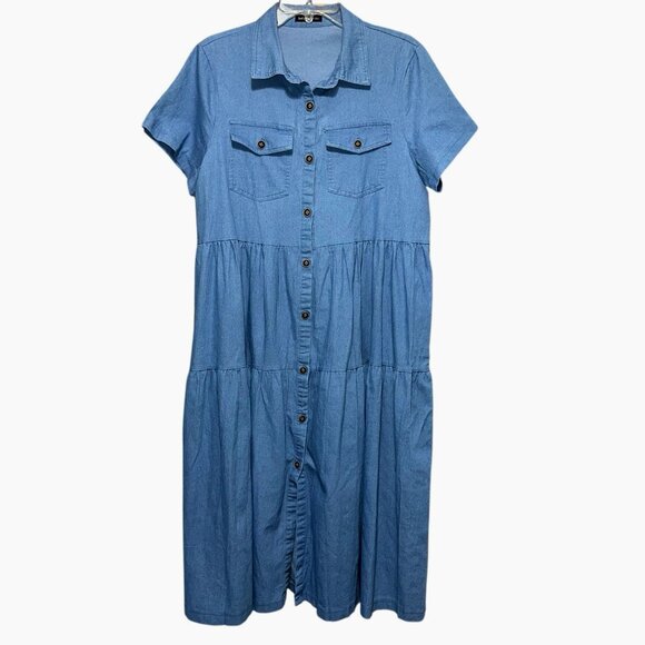JUSTFASHIONNOW Denim Tiered Maxi Shirtdress 2XL – Casual Chic, Boho Revival - Picture 1 of 4